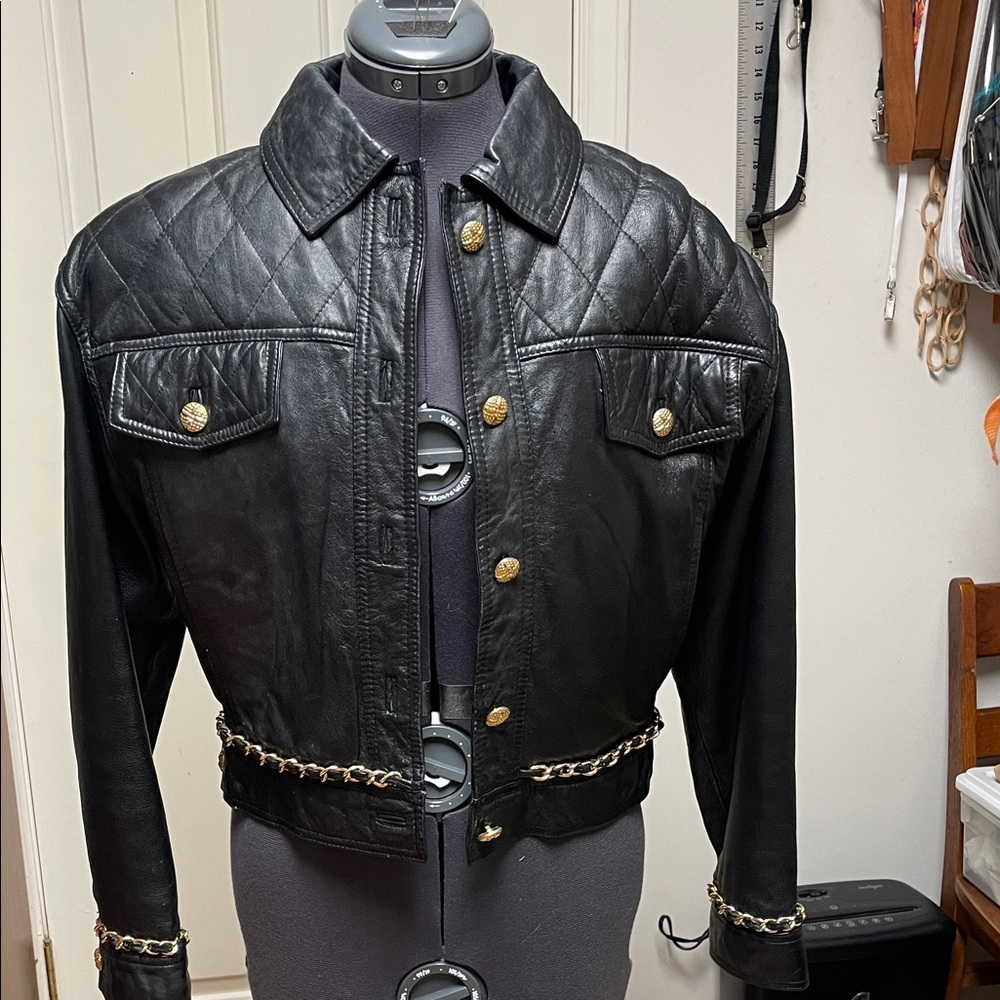 Chanel style chain and quilted Black Leather Jacket with Gold Accents